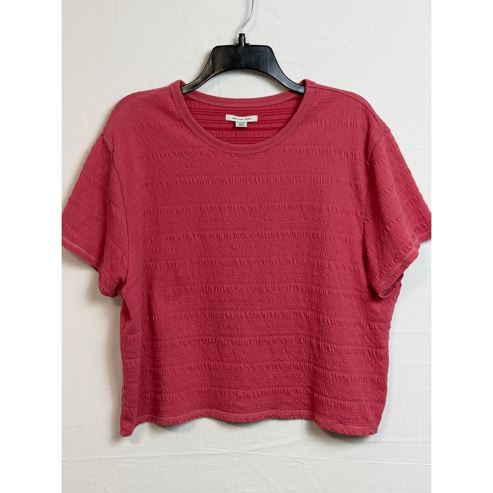American Eagle Women Cotton Blend Top XL Pink Smocked Short Sleeve Crewneck